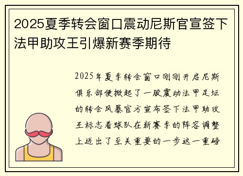 2025夏季转会窗口震动尼斯官宣签下法甲助攻王引爆新赛季期待